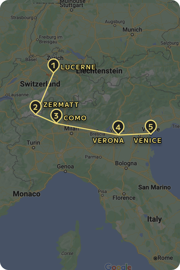 Italy Swiss Honeymoon tour map